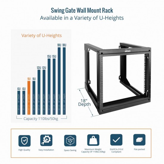 Tecmojo 9U 18'' Depth Wall Rack-Swing Gate Tecmojo 9U 18'' Depth Wall Rack-Swing Gate