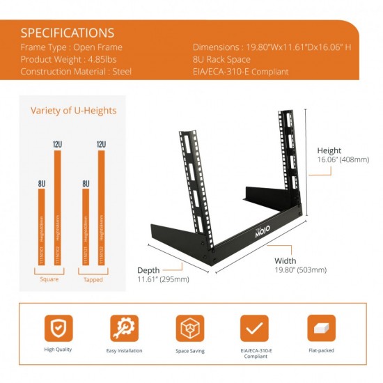 Tecmojo 8U Open Frame desktop Rack square - 2 Post Free Standing Tecmojo 8U Open Frame desktop Rack square - 2 Post Free Standing