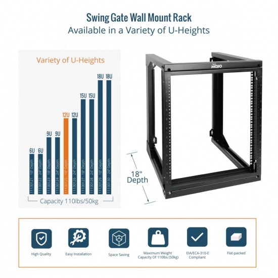 Tecmojo 12U 18'' Depth Wall Rack-Swing Gate Tecmojo 12U 18'' Depth Wall Rack-Swing Gate