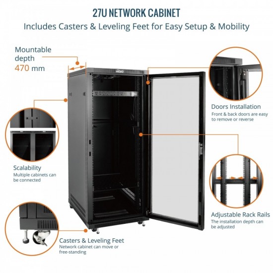Tecmojo 27U 600*600 Network Cabinet, front galss & back solid(DB-black) Tecmojo 27U 600*600 Network Cabinet, front galss & back solid(DB-black)