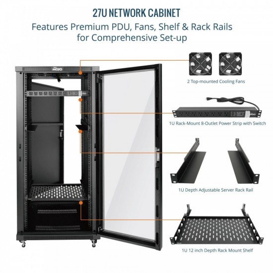 Tecmojo 27U 600*600 Network Cabinet, front galss & back solid(DB-black) Tecmojo 27U 600*600 Network Cabinet, front galss & back solid(DB-black)